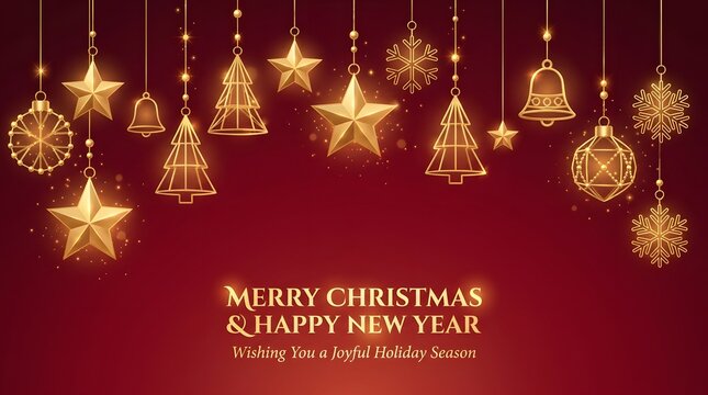 Golden christmas decorations festive stars trees and bells for holiday season greetings