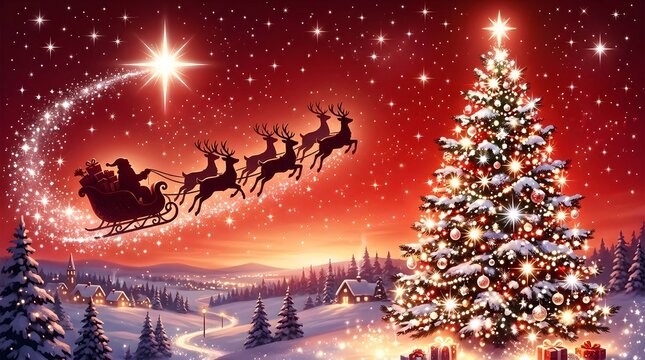Magical christmas night santa's sleigh soars above a festive winter wonderland scene