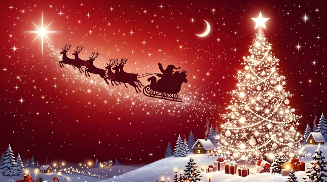 Magical christmas night santa's sleigh soars above a festive christmas tree and winter village