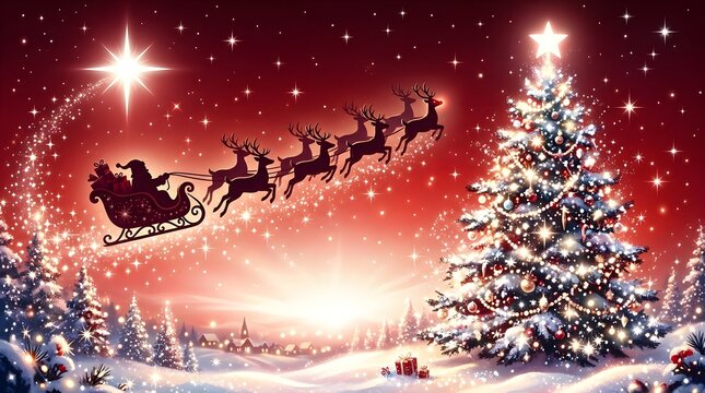 Magical christmas night santa's sleigh soaring past a festive christmas tree and winter village