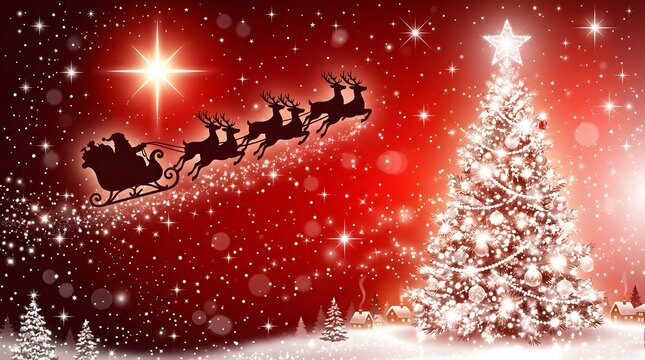 Magical christmas night santa's sleigh and illuminated tree festive scene