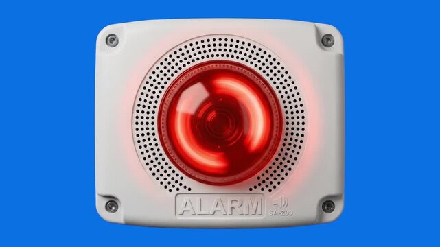 Realistic 3D model of a white circular wall alarm siren unit with a glowing red flashing light indicator, isolated on a bright blue background. Ideal for security system commercials, emergency alert v