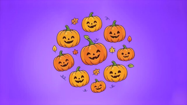 A festive 2D flat animation displaying a circular pattern of smiling carved pumpkins and floating autumn leaves against a bright purple background. Great for seasonal greeting cards, Halloween event p