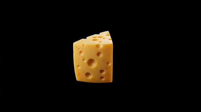 High-contrast 3D model of a triangular slice of yellow Swiss cheese with holes, isolated against a solid pitch-black background. Perfect for culinary advertisements, dairy product packaging design, re