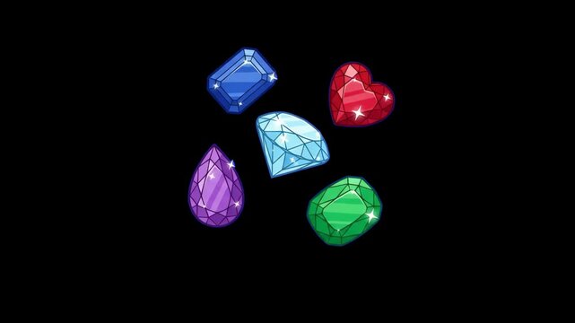 A vibrant collection of stylized cartoon gemstones including diamonds, rubies, emeralds, sapphires, and amethysts, isolated on a solid black background. Perfect for mobile game UI icons, puzzle game r