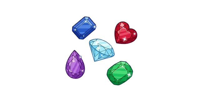 A dynamic 2D cartoon animation showing a cluster of colorful precious gems including a diamond, ruby heart, and emerald drifting on a pure white background. This clean graphic asset is ideal for mobil