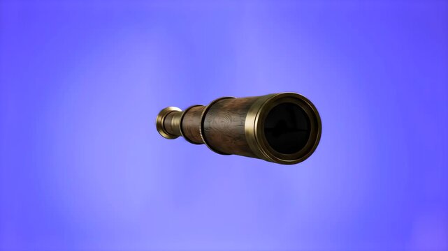 A classic 3D render of a vintage metallic hand telescope isolated horizontally over a solid purple background. Perfect for themes of maritime adventure, historical discovery, navigation, or fantasy st