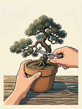 Person trimming a miniature pine bonsai tree with pruning shears