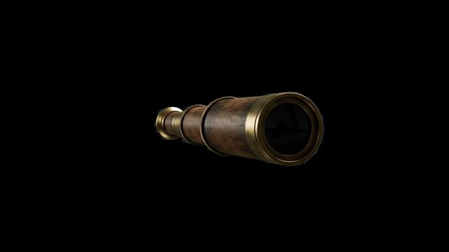 High-contrast 3D render of a classical brass spyglass telescope monocular, isolated against a solid pitch-black background. Excellent for dramatic historical visual overlays, cinematic pirate trailers