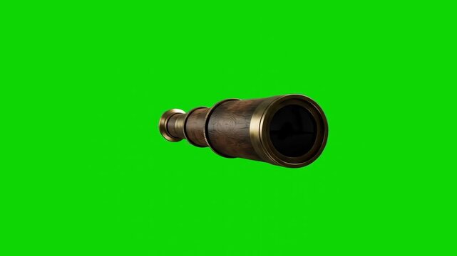 Detailed 3D model of an antique brass spyglass telescope monocular, set against a bright green screen chroma key background. Perfect for pirate adventure movie VFX overlays, nautical history documenta