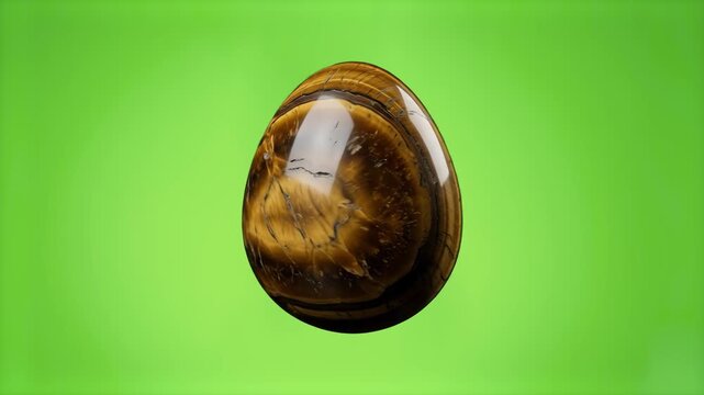 High-detail 3D render of a smooth egg-shaped tiger's eye crystal with rich brown and golden banding, isolated on a vibrant light green background. Perfect for nature-inspired graphics, geology educati