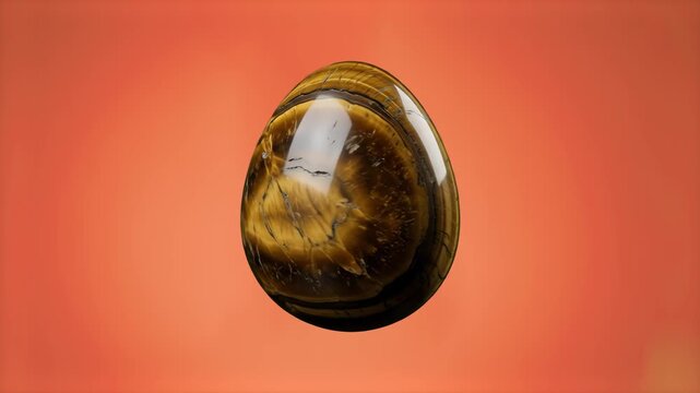 Detailed 3D model of a polished egg-shaped tiger's eye gemstone showing natural golden-brown chatoyancy textures, isolated on a warm orange gradient background. Ideal for esoterics promo videos, miner