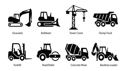 Construction vehicles and heavy machinery black pictogram icon set. Industrial transportation vectors for infographic, web design, and mobile apps. © firman