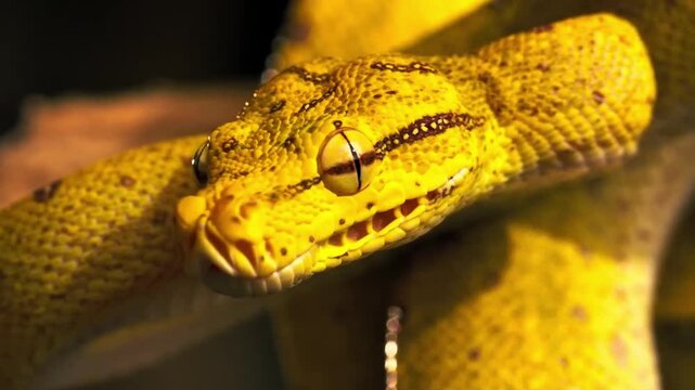 Macro Portrait of Green Tree Python Coiled in Foliage