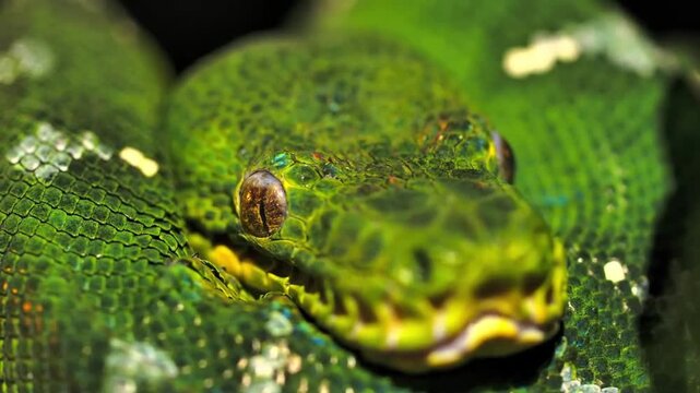 Macro Portrait of Yellow Tree Python Flickering Black Tongue