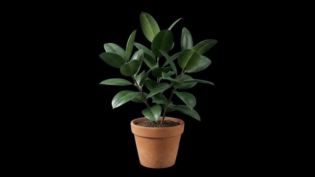 A potted Rubber Tree plant featuring glossy deep green leaves in a terracotta pot, isolated on a solid black background. Ideal for high-contrast interior design renders, plant care promotion, botanica