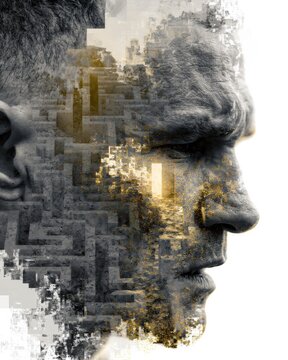 A man stands with his head in profile surrounded by maze walls that blend into light symbolizing a path out of anxiety.