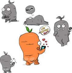 Funny cartoon carrot character sticker sheet vector illustration. Cute and quirky root vegetable monster in various funny poses, eating, sleeping, holding a rose, and using a smartphone with hearts fo