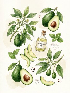 Botanical avocado collection with slices whole fruit and oil bottle