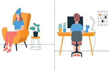 Fototapeta premium Remote freelance workflow vector illustration, freelance developer, casual home office workspace, independent programmer character design