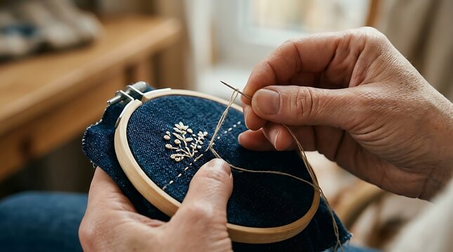 Close up of hands stitching floral embroidery on blue denim fabric