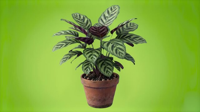 A vibrant 3D animation asset featuring a lush prayer plant with patterned leaves growing in a traditional clay container against a solid green screen. Designed for seamless compositing into green spac
