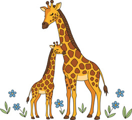 Obraz premium Adorable cartoon giraffe mother and baby calf illustration nuzzling affectionately amidst small blue flowers and leaves isolated on a white background