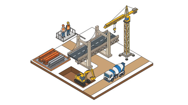 Isometric illustration of a road bridge construction site project