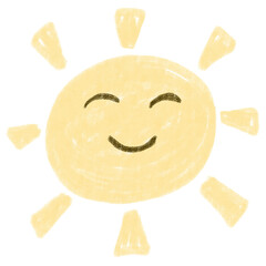 Hand-drawn crayon illustration of a smiling sun with a cute face, isolated on a transparent background. Perfect for children's designs, nursery decor, educational materials, greeting cards, and stiker