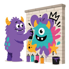 Friendly purple monster spray painting a colorful graffiti mural on a brick wall, urban art and creativity © ellyza