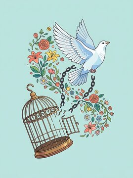 White dove escaping an open birdcage with broken chains and flowers