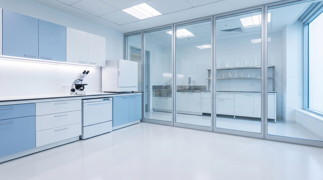 Science lab empty table background sterile white room with glass wall and modern equipment. Scientific chemistry research laboratory. modern clean interior room, equipment blur