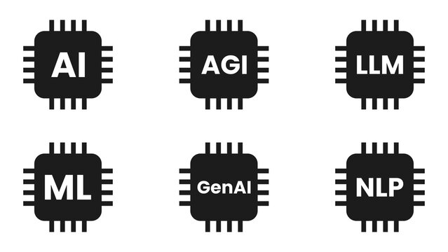 AI Technology Chip Icon Set &ndash; Artificial Intelligence AGI LLM ML GenAI NLP Processor Collection