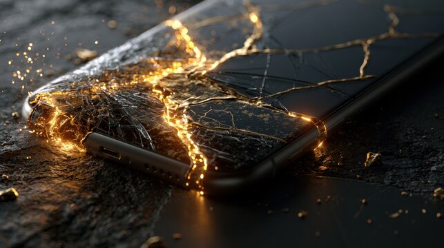 A cracked phone screen displays a healing effect with a golden kintsugi light in a dark macro setting. This scene captures technology and art.