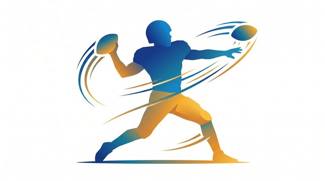 American football player silhouette throwing ball, dynamic sports athlete illustration in blue and gold, quarterback action graphic for team branding