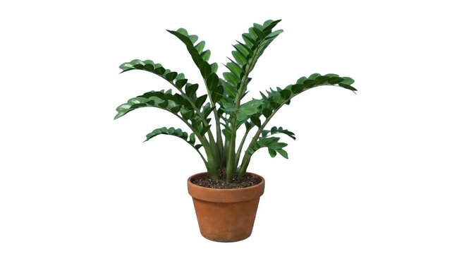 A clean 3D render of a lush Zamioculcas zamiifolia (ZZ plant) with glossy dark green leaves in a terracotta pot, isolated on a white background. Perfect for interior design mockups, office decor adver