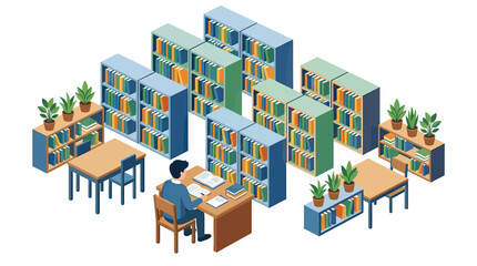 Isometric illustration of a man studying in a modern library