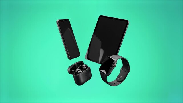 A stylish 3D render of black personal technology devices&mdash;smartphone, tablet, smartwatch, and wireless earbud case&mdash;floating together against a smooth turquoise-teal backdrop. Perfect for tech product r