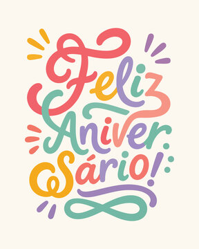 Feliz Anivers&aacute;rio Colorido com Arabescos e Confetes em Lettering Vetorial