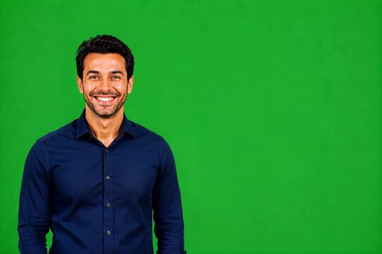 Surprised person presents empty space above hand on green screen, ideal for adding product, app icon, logo, 3D object, or visual effect.