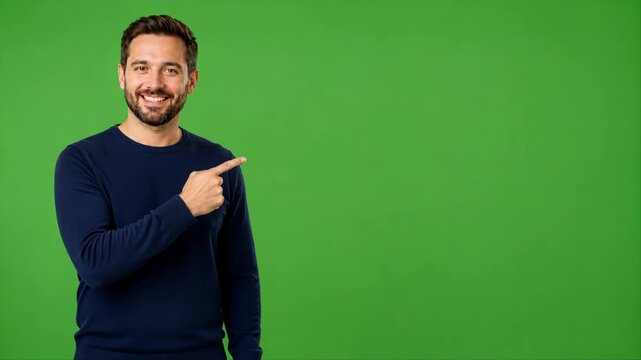 Surprised person presents empty space above hand on green screen, ideal for adding product, app icon, logo, 3D object, or visual effect.