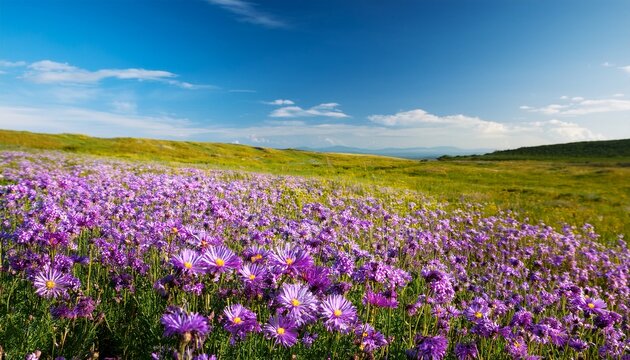 Bright Prairie Flower Landscape With Blooming Purple Flowers And Blue Sky Background