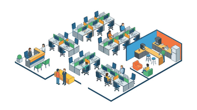 Modern isometric office interior layout with diverse employees working