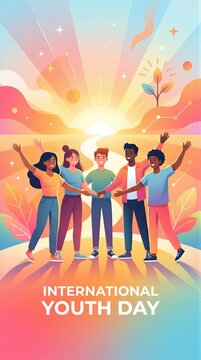 Diverse group of young man and woman holding hands together. International Youth Day celebration with happy teenagers joining. Unity, friendship and future cooperation concept illustration.