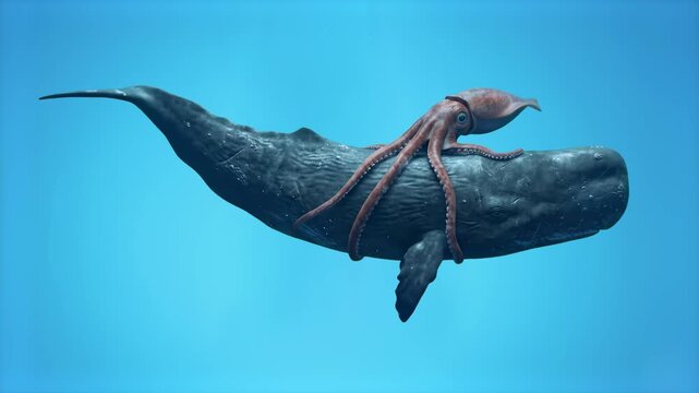 Epic 3D scene of a massive giant squid wrapping its tentacles around a sperm whale in the deep ocean, isolated on a bright solid blue background. Great for oceanography documentaries, deep sea monster