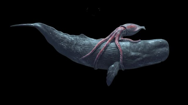 A dramatic marine confrontation featuring a colossal giant squid wrapping its tentacles around a sperm whale, isolated on a solid black background. Ideal for ocean predator documentaries, deep-sea exp