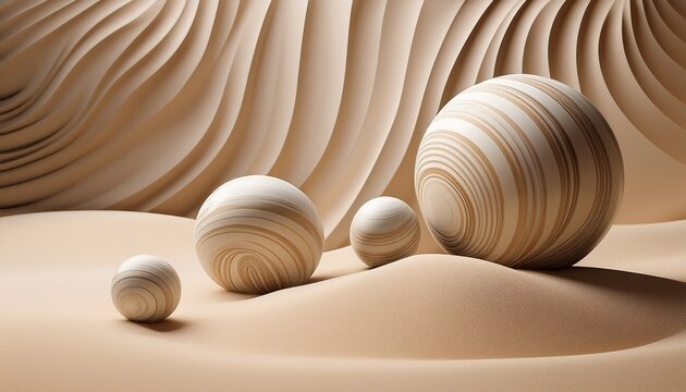 Marble Spheres And Curved Lines In Sand Minimalist Composition Neutral Tones