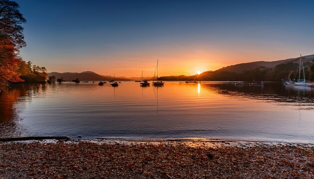 Gorgeous Sunset In Bowness On Windermere Lake District Cumbria United Kingdom Autumn Colors On A Peaceful Late Evening