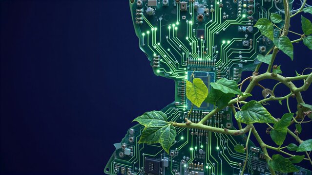 Tech meets nature: circuit board grows vines, symbolizing green innovation.