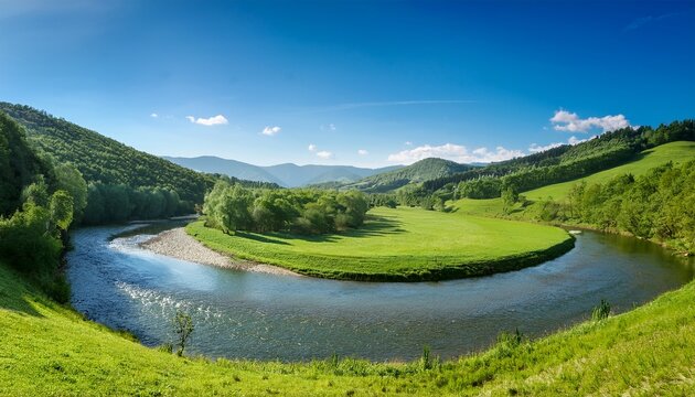Serene Landscape With A Winding River Flowing Through A Lush Green Meadow Surrounded By Forested Hills Under A Clear Blue Sky